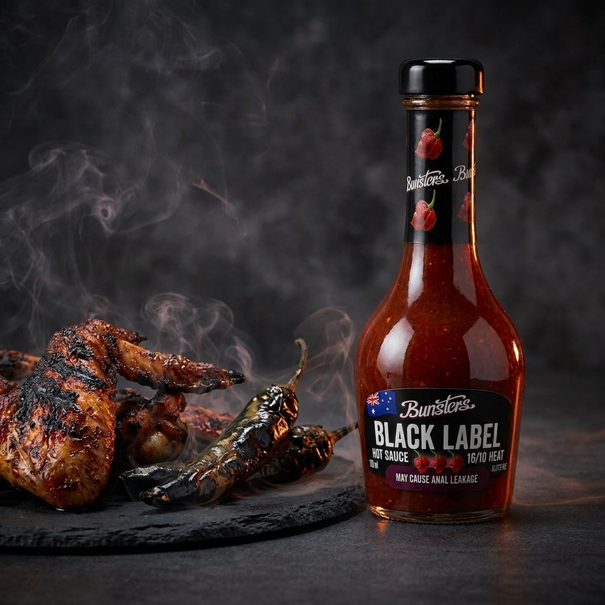 Black Label hot sauce with smoky grilled chicken wings