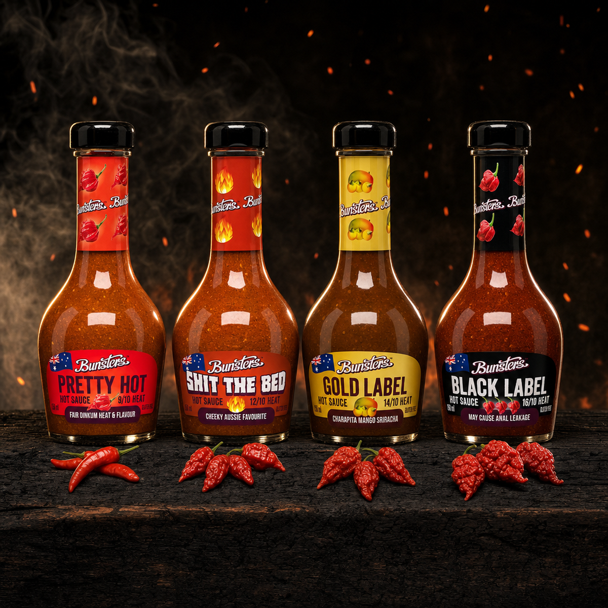Hot Ones Range - Pretty Hot, Shit The Bed, Gold Label and Black Label hot sauces lined up hotter and hotter